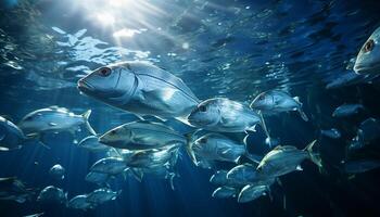 ai generado submarino pescado nadando en un azul arrecife, tropical clima belleza generado por ai foto