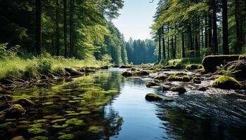 AI generated Tranquil scene of green forest, flowing water, and autumn leaves generated by AI photo