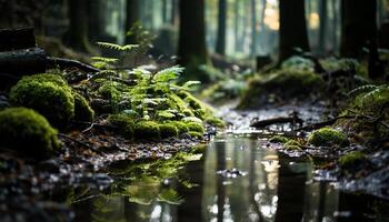 ai generado tranquilo escena de verde bosque, fluido agua, y salvaje animales generado por ai foto