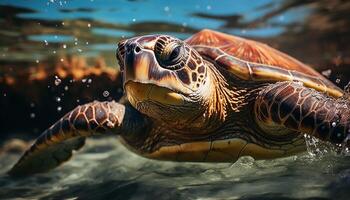 AI generated A slow, multi colored turtle swimming in the blue sea generated by AI photo