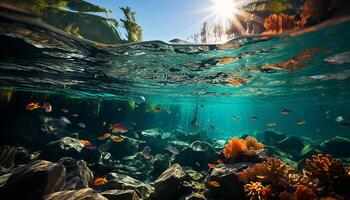 AI generated Underwater fish swim in multi colored reef, below deep blue water generated by AI photo