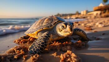 AI generated Cute turtle crawling on sand, enjoying summer sunset by water generated by AI photo