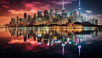 AI generated Vibrant city skyline reflects in water, illuminating the urban night generated by AI photo