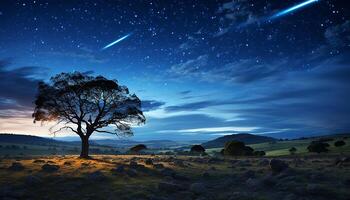 ai generado silueta de árbol en tranquilo prado debajo estrellado noche generado por ai foto