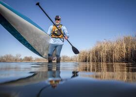 senior male paddler is launching a stand up paddleboard on a calm lake in early spring, frog perspective from an action camera at water level photo