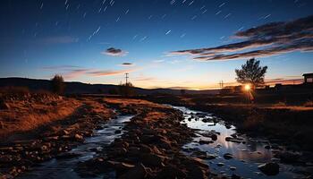 AI generated Silhouette of mountain range at dusk, reflecting on tranquil water generated by AI photo