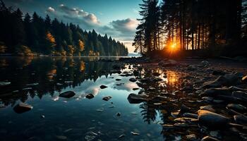 AI generated Tranquil scene sunset reflects on water, nature beauty in autumn generated by AI photo