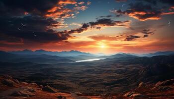 ai generado majestuoso montaña cima, puesta de sol cielo, tranquilo prado, naturaleza belleza generado por ai foto