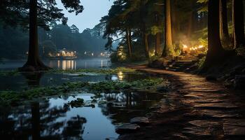 AI generated Tranquil scene nature beauty reflected in autumn leafy pond generated by AI photo