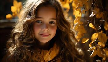 ai generado sonriente niña disfruta otoño al aire libre, rodeado por naturaleza belleza generado por ai foto