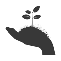 AI generated Silhouette Hand holding soil with growing sprout black color only earth day celebration png