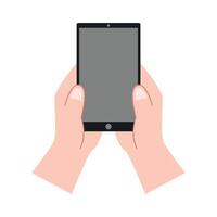 Hand holding smartphone horizontally and vertically, with blank screen displayed vector