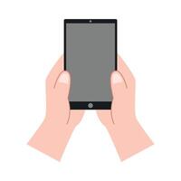 Hand holding smartphone horizontally and vertically, with blank screen displayed vector