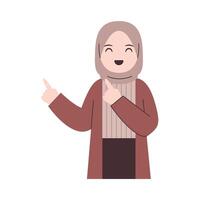 Girl with hijab is smiling while pointing upwards vector