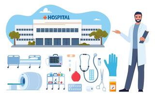 Hospital building, medical devices and doctor character. Hospital furniture, tools, drugs, equipment for treatment and diagnosis. Healthcare icons set. Vector illustration.