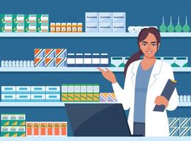 Pharmacist at counter in pharmacy. Druggist opposite shelves with medicines. Health care medical concept. Vector illustration.