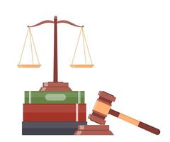 Scales on pile of books and judge gavel. Law and justice system symbol. Vector illustration.