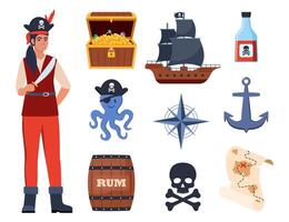 Pirate elements set. Pirates theme illustrations with ship, captain, chest, map, parrot, rum, cannonball. Funny pirate party icons. Vector illustration.