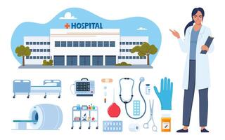 Hospital building, medical devices and doctor character. Hospital furniture, tools, drugs, equipment for treatment and diagnosis. Healthcare icons set. Vector illustration.