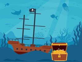 Underwater scenery with open pirate treasure chest and pirate ship on bottom. Vector illustration.