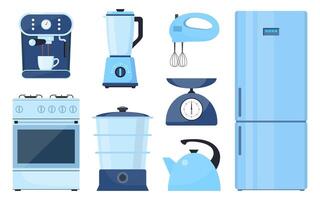 Home appliance set. Household electric devices collection. Refrigerator, stove, coffee machine, mixer, blender, kettle, scale. Domestic equipment. House electronics. Vector illustration.