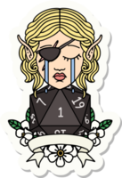 crying elf rogue character with natural one D20 roll sticker png