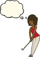 dessin animé femme jouant au golf avec bulle de pensée png