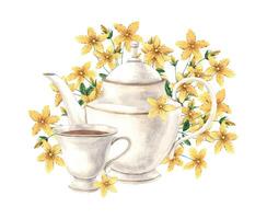 acuarela composición de un tetera y taza, con amarillo tutsan flores el ilustración es mano dibujado en un aislado antecedentes. dibujo para menú diseño, embalaje, textiles para carteles y sitios web vector