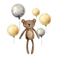 Watercolor composition with a children's toy brown bear and multi-colored balloons. Isolated hand drawn illustration for children's interior, cards, stickers, textiles, design, invitations vector