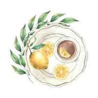 Watercolor composition, top view, juicy lemons with green leaves and a mug of tea lie on a plate. The illustration is drawn by hand. Drawing for menu design, packaging, poster, website, textile vector