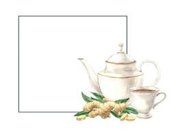 Watercolor square frame with vintage teapot and mug, green leaves and ginger. The illustration is hand drawn on an isolated background. Drawing for menu design, packaging, poster, website, textile. vector