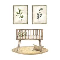 Watercolor composition with a baby crib and pillows, on a carpet, with photo frames and green plants. Isolated hand drawn illustration for cards, stickers, textiles, design, invitations vector