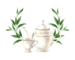 Round wreath of green tea leaves, with ceramic mug and teapot. The illustration is hand drawn on an isolated background. Drawing for menu design, packaging, poster, website, textile, brochure vector