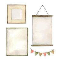 Watercolor set of empty frames and multi-colored flags on the wall. Isolated hand drawn illustration for children's interior, cards, stickers, textiles, design, invitations. vector