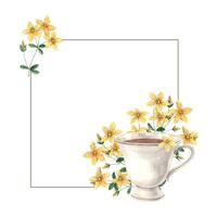 Watercolor frame with vintage mug and St. John's wort flowers. The illustration is hand drawn on an isolated background. Drawing for menu design, packaging, poster, website, textile, invitations vector