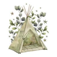 acuarela ilustración de un para niños verde cabaña, wigwam y verde ramas con hojas. dibujo dibujado por mano en un aislado antecedentes para para niños interior, tarjetas, pegatinas, textiles, diseño vector