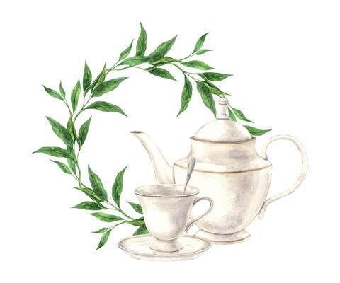 Watercolor round tea leaf wreath with vintage mug and teapot. The illustration is hand drawn on an isolated background. Drawing for menu design, packaging, poster, website, textile, invitations