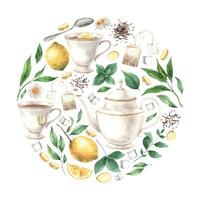 Watercolor round composition of mug, teapot, lemon, mint, chamomile, ginger, sugar, tea. The illustration is drawn by hand. Drawing for menu design, packaging, poster, website, textile, invitations vector