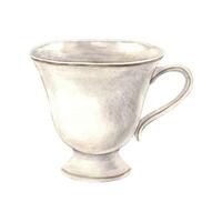 Watercolor drawing of a ceramic mug with gold braid. Illustration hand drawn on white background, suitable for menu design, packaging, poster, website, textile, invitation, brochure, textile vector