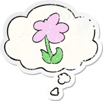 cute cartoon flower and thought bubble as a distressed worn sticker png