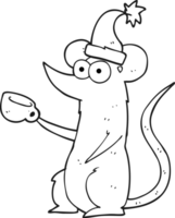 hand drawn black and white cartoon mouse wearing christmas hat png