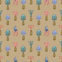 Seamless pattern with garden tools. shovels, rakes, pruning shears on a beige background. vector