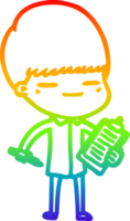 rainbow gradient line drawing of a cartoon smug boy with clip board png