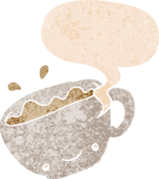 cartoon cup of coffee with speech bubble in grunge distressed retro textured style png