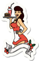 sticker of tattoo in traditional style of a pinup waitress girl with banner png