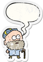 antiguo dibujos animados hombre con caminando palo y plano gorra con habla burbuja afligido afligido antiguo pegatina png