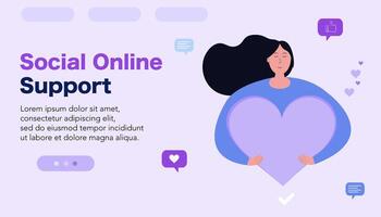 Social online support for women. Woman and heart. Web page of the site. banner Helping women. Psychological help. Vector graphics