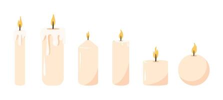 Set of wax candles of various shapes. Candle. Candle fire. Vector graphics