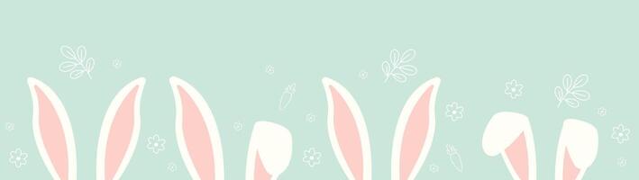 Easter background with hare ears, flowers and carrots. Cute colorful vector illustration.