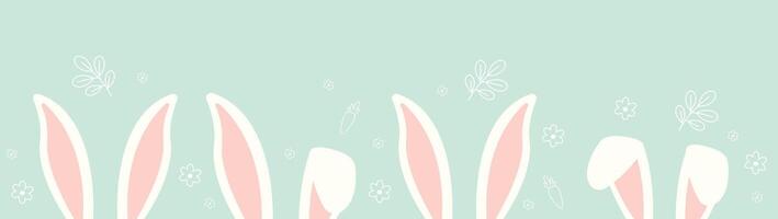 Easter background with hare ears, flowers and carrots. Cute colorful vector illustration.